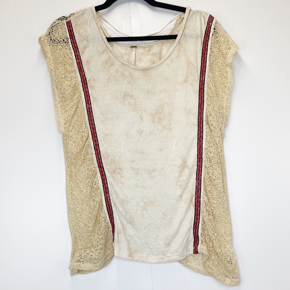 Free People Top Women's XS Tie Dye Cream Knit Boho Lace Blouse Festival Shirt